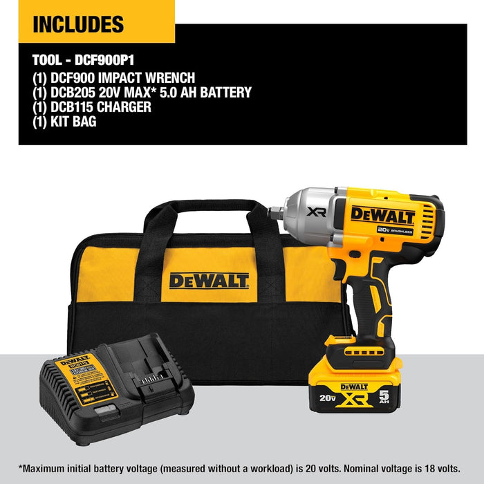 DEWALT 20V MAX* XR 1/2 in. High Torque Impact Wrench with Hog Ring Anvil with (1) 5.0 Ah Battery and Charger Kit