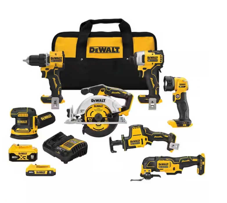 DEWALT 20-Volt MAX Lithium-Ion Cordless 7-Tool Combo Kit with 2.0 Ah Battery, 5.0 Ah Battery and Charger