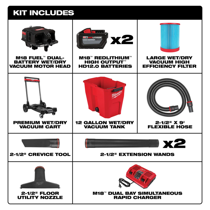Milwaukee M18 FUEL 12 Gallon Cordless DUAL-BATTERY Wet/Dry Shop Vac Kit W/12.0 Ah Battery, Charger, Filter, Hose, and Accessories
