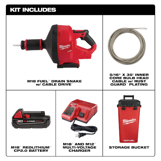 Milwaukee M18 FUEL 18-Volt Lithium-Iron Cordless Plumbing Drain Snake Auger Kit with w/ CABLE DRIVE & 5/16 in. x 35 ft. Cable