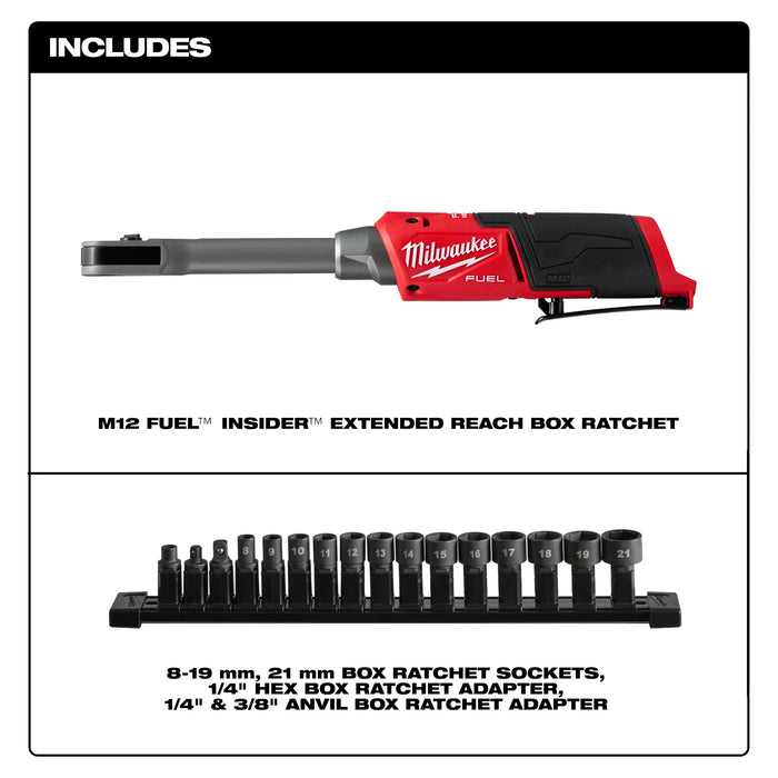 Milwaukee M12 FUEL INSIDER 12V Lithium-Ion Brushless Cordless 1/4 in. - 3/8 in. Extended Reach Box Ratchet (Tool-Only)