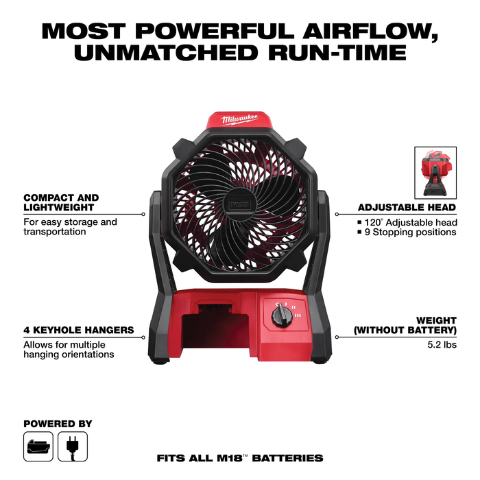 Milwaukee 0886-20 Portable Jobsite Fan, Tool Only, 18 V, 284 cfm Air, 3-Speed